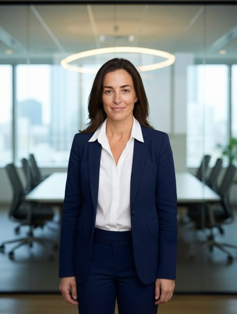 Professional AI headshot of a woman in a navy blazer