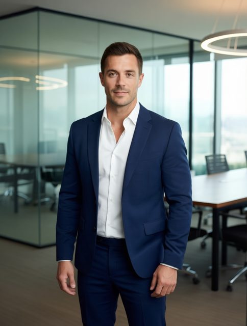 Professional AI headshot of a man in a navy suit